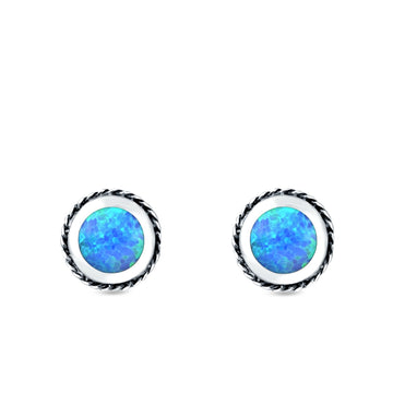 Round Stud Earrings Lab Created Blue Opal 925 Sterling Silver (7mm)